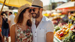 © Mirjana - A joyful couple explores a vibrant summer market filled with fresh produce and colorful flowers while enjoying each other's company