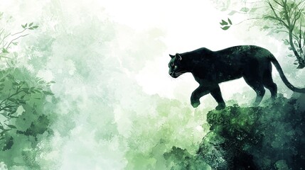 Poster -   Black cat on rock in forest with butterfly