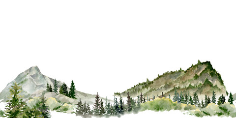 Scenery landscape coniferous forest fir spruce trees, mountains fields hills pasture land alpine vista, hand drawn in watercolor. Seamless banner. Tourism, resort ads, hiking camping sites, vacation.