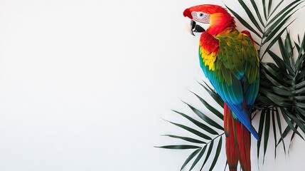   Parrot atop palm tree with vibrant foliage on white background