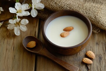 Wall Mural - Almond milk with almond in a wooden spoon and bowl on a wooden (selective focus; close-up shot) - generative ai