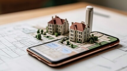 Poster - Miniature House Model on Smartphone Screen with Blueprint in Background