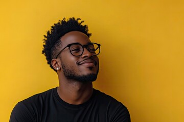 Wall Mural - Smiling cool stylish gen z Black hipster guy looking away at copy space advertising promotion. Happy positive young adult African American man standing at yellow background. with generative ai