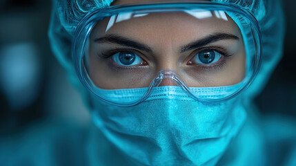 Close-up portrait of a woman in a medical mask and goggles