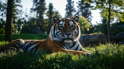 Wall Mural -   A tiger lounges in grass, surrounded by rhinoceros in a forest with trees behind