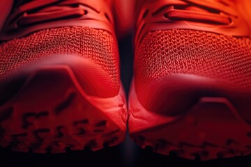 sneakers for running or trail close-up. Banner on a sports theme. Sole pattern of sports shoes or travel shoes close-up in red colors with generative ai