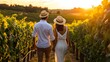 © Matthew - A couple walks hand-in-hand through a vineyard at sunset, enjoying a romantic moment in nature.