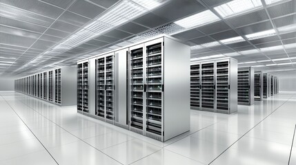 Poster - Modern Data Center With Rows of Servers, Network Hardware, and High-Performance Computing Equipment