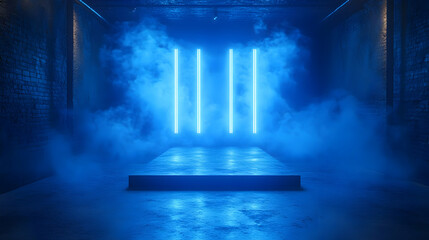 Wall Mural - Abstract 3D Background: Blue Neon Lights and Foggy Atmosphere