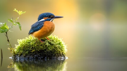 Wall Mural - A vibrant kingfisher perches on a moss-covered rock in calm waters, showcasing its striking colors against a blurred, golden background.