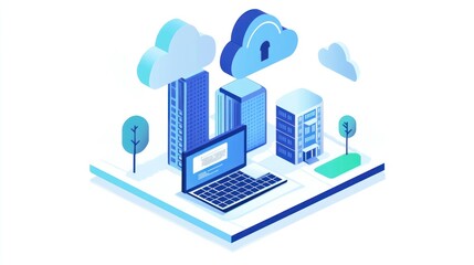 Poster - Isometric Illustration of Secure Cloud Computing with Laptop and Buildings