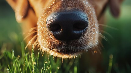 Wall Mural -   Close-up of a dog's dewed nose amidst grassy foreground