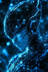 Poster - Cybernetic Being Abstract Robot on Technological Blue Background, Connected Dots, Triangles.
