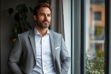 Successful businessman looking throught the window in modern office, Generative AI