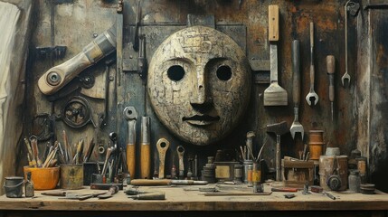Poster - A Wooden Mask and Tools in an Artist's Workshop