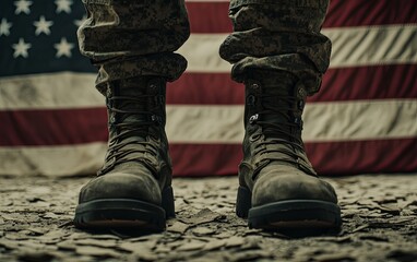 A close-up of military boots in front of an American flag, symbolizing patriotism and service.