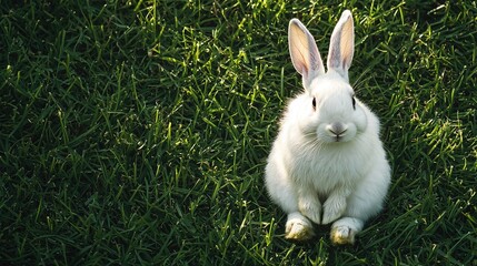 Wall Mural -   A white rabbit rests amidst lush green grass with closed eyes and alert ears