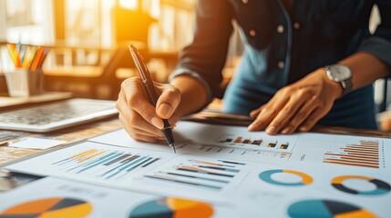 Poster - A person analyzing and writing on financial reports with charts and graphs in a professional setting.