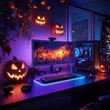 © NEW KUNG - Halloween Gaming Setup with Neon Lights and Pumpkins