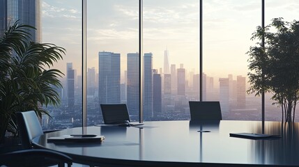 Wall Mural - A modern office with a panoramic city view at sunset, featuring a sleek conference table and greenery.