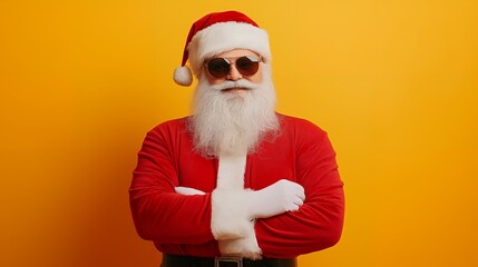 Santa Claus wearing sunglasses and a red suit with his arms crossed, standing against a yellow background.