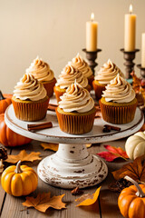 Poster - Pumpkin Vanilla Chai Latte Cupcakes decorated with swirls of cinnamon and brown sugar icing on a wooden table