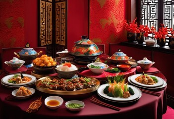 vibrant chinese cuisine displayed elegant table setting featuring delicious dishes eye catching presentation feast flavors, colorful, food, culinary, meal