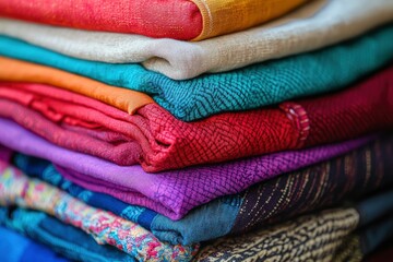 stack of colourful cotton clothes, close up pile of clothing  with generative ai