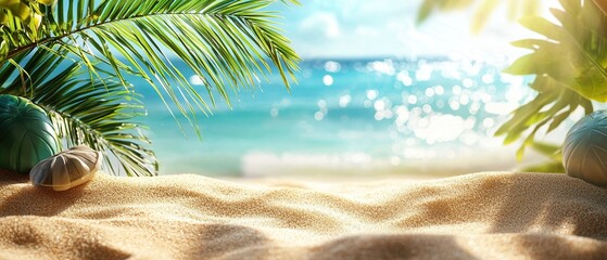 A beautiful beach scene with soft sand, palm leaves, and a blurred background of the ocean.