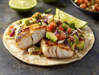 Poster - a fresh fish taco filled with grilled fish, avocado, slaw, and salsa, served on a soft tortilla with a side of lime wedges.