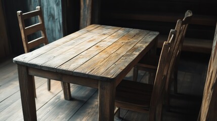 a handcrafted wooden furniture set, featuring a custom dining table and chairs made from reclaimed wood, perfect for a rustic home.