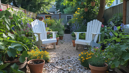 A garden with two white chairs surrounded by various plants and vegetables, creating an inviting space for relaxation or gathering in the backyard of their home.