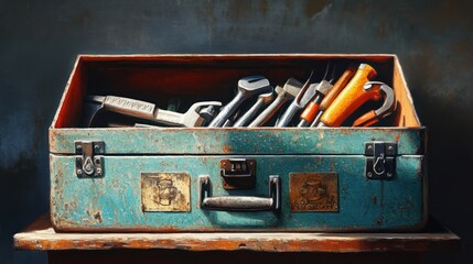 Poster - An Open Toolbox Filled with Tools Resting on a Wooden Table