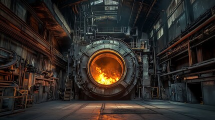 A large, high-temperature furnace glowing with molten iron ore. The workshop is filled with pipes, ducts, and conveyor belts, with workers operating machinery in the background.