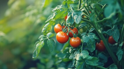 Canvas Print - Vibrant cherry tomatoes ripening on the vine in a lush garden during the warm afternoon sun