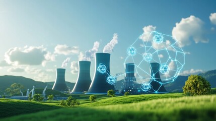 Poster - futuristic power plant with energy concepts in nature