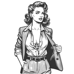 Wall Mural - woman in suit and open shirt, businesswoman empowerment and style sketch engraving generative ai fictional character raster illustration. Scratch board imitation. Black and white image.