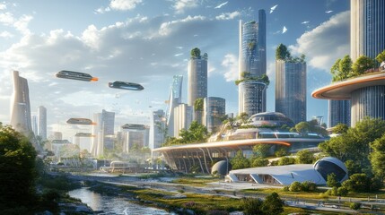 Futuristic Cityscape with Flying Vehicles and Green Spaces