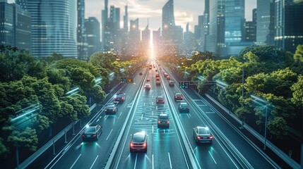 Poster - A futuristic cityscape with autonomous cars navigating intelligently. taken from an elevated position.