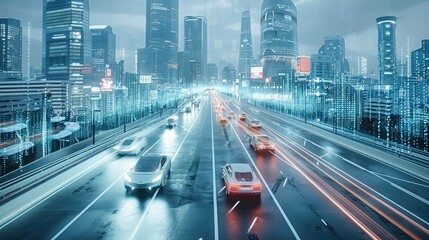 Poster - A futuristic cityscape with autonomous cars navigating intelligently. taken from an elevated position.