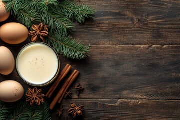 Wall Mural - Ingredients for New Year drink eggnog - eggs, milk, cinnamon on dark wooden background top view frame copy space - generative ai