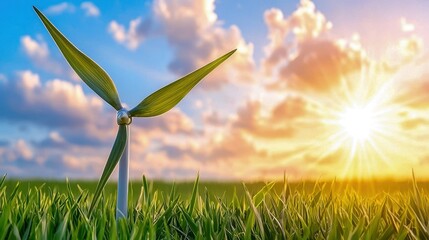 A close-up of a wind turbine in a green field under a bright sunny sky, symbolizing renewable energy and environmental sustainability.