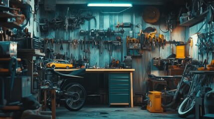 Poster - A cluttered garage with a motorcycle and tools hanging on the walls