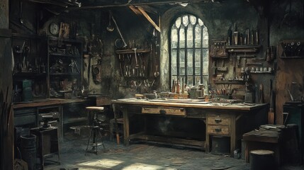 Aufkleber - A dimly lit workshop with a workbench, tools, and a large window.