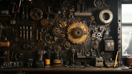 Poster - A Wall of Industrial Tools and Machinery in a Workshop