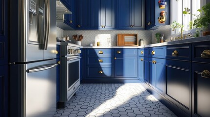 Wall Mural - A retro-themed kitchen with cobalt blue cabinets