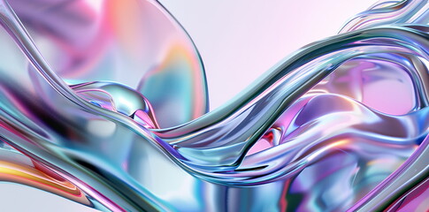 Fototapete - Abstract background with colorful glass shapes and fluid lines, 3D render style, holographic gradient, futuristic wallpaper design element