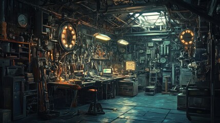 Aufkleber - A Cluttered Industrial Workshop with a Skylight and a Dusty Floor
