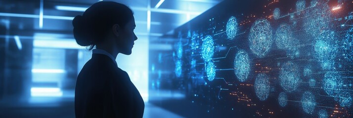 Aufkleber - A professional engages with floating holographic data and neural networks in a modern, high-tech environment. Generative AI