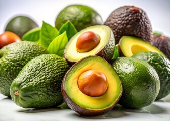 Wall Mural - Vibrant, fresh avocados showcased against a striking white background. Soft lighting highlights their smooth texture,